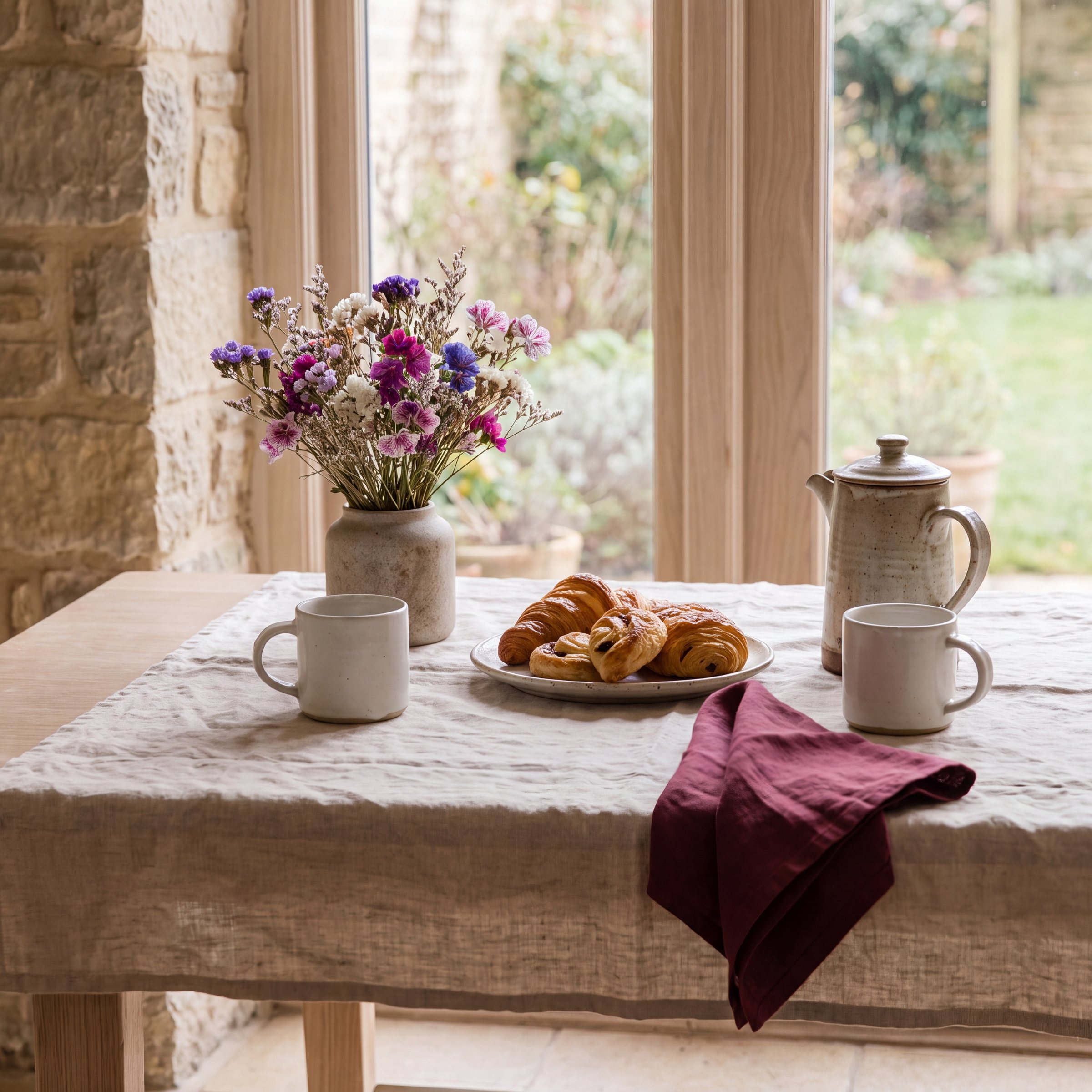 Table dressée près d'une fenêtre, lumière du matin