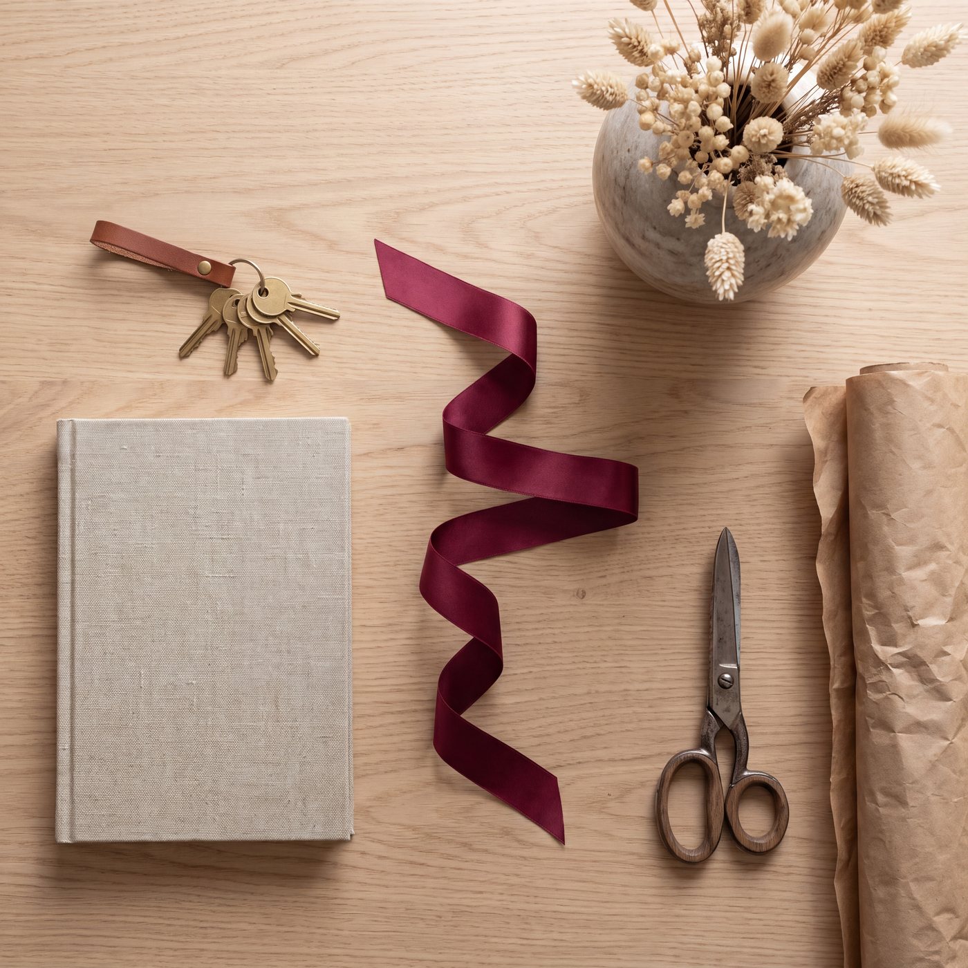 Table de travail : carnet, clés, ruban et fleurs séchées