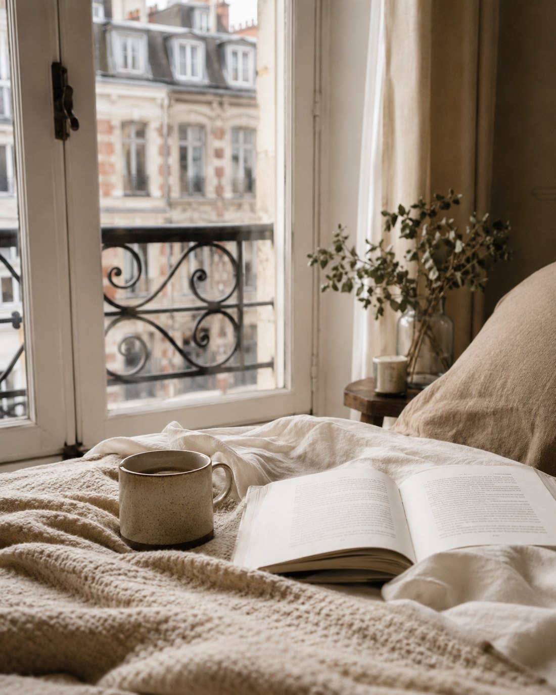 Fenêtre à ferronnerie, tasse et livre posés sur un plaid