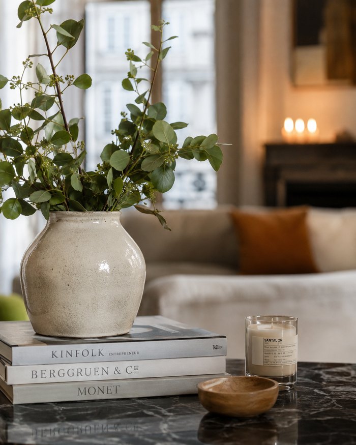 Eucalyptus dans un vase en grès, livres et bougie