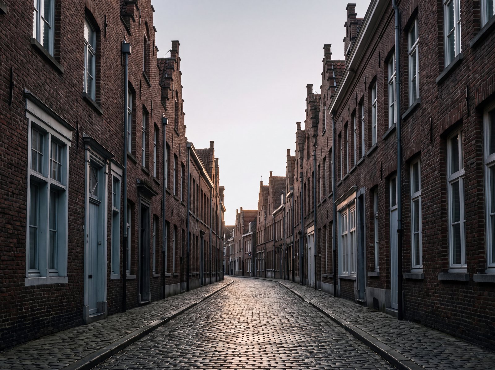 Rue pavée bordée de façades en brique, dans un quartier ancien de Lille