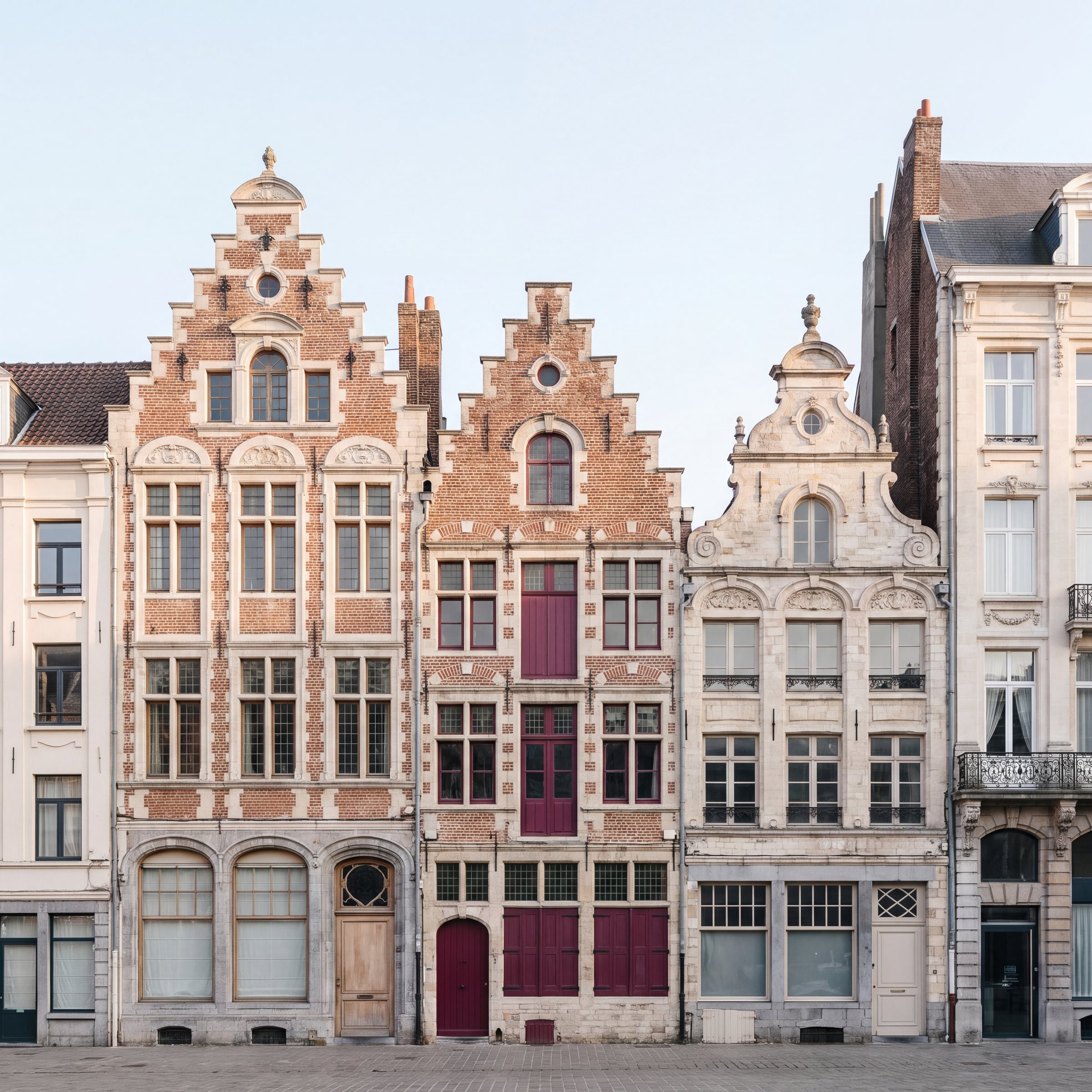 Façades flamandes en enfilade à Lille, brique rouge et pierre blanche