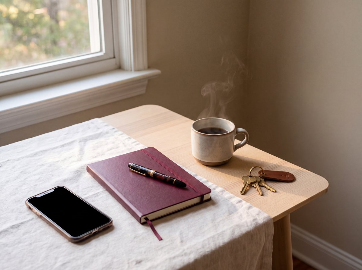 Téléphone posé sur une table, à côté d'un carnet et d'une tasse