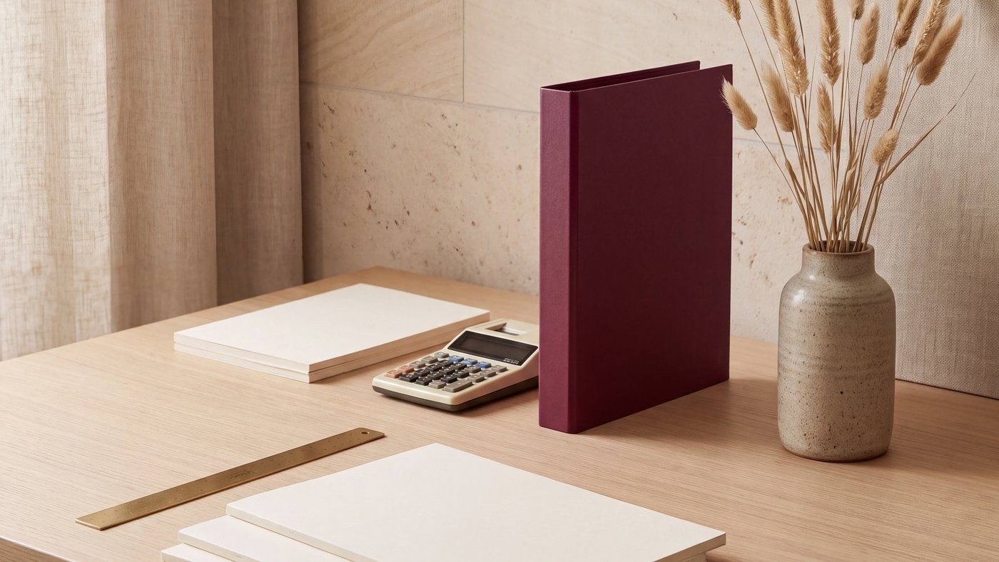 Bureau ordonné, documents et vase en grès