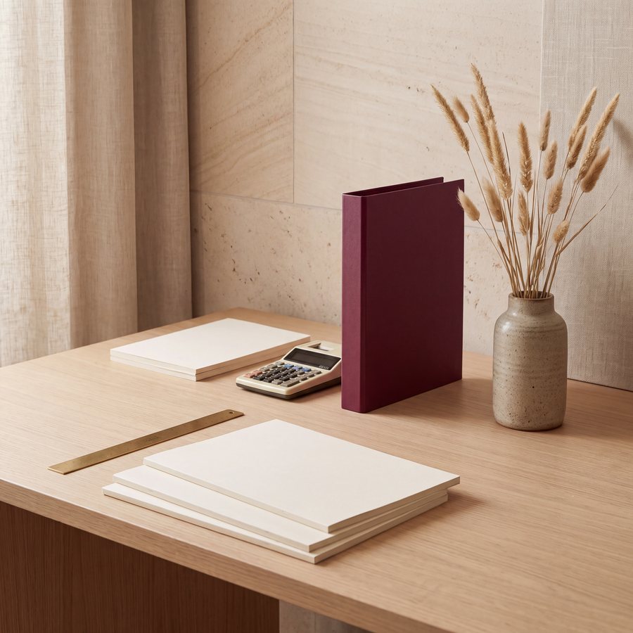 Bureau ordonné, documents et vase en grès