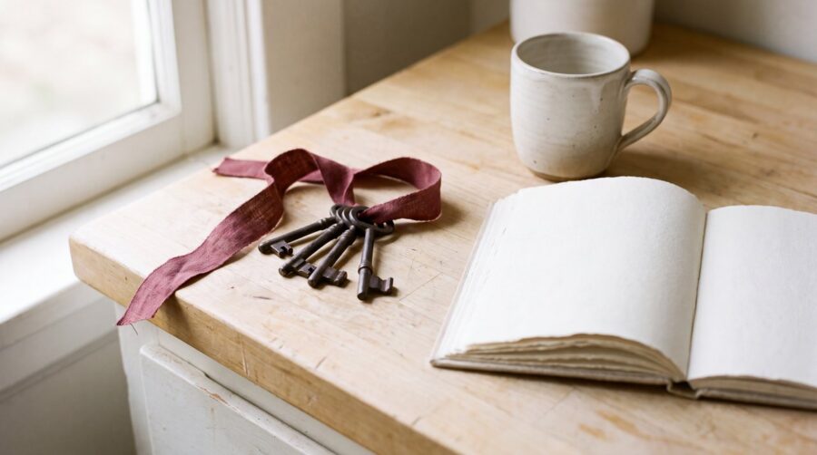 Trousseau de cles ancien pose pres d'un carnet ouvert et d'une tasse