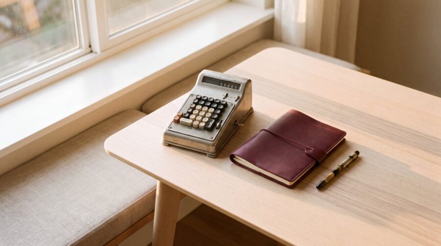 Carnet bordeaux, stylo et calculatrice ancienne sur une table pres d'une fenetre