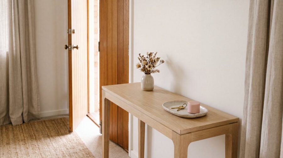 Console d'entree avec un vase de fleurs sechees et une cle sur un plateau
