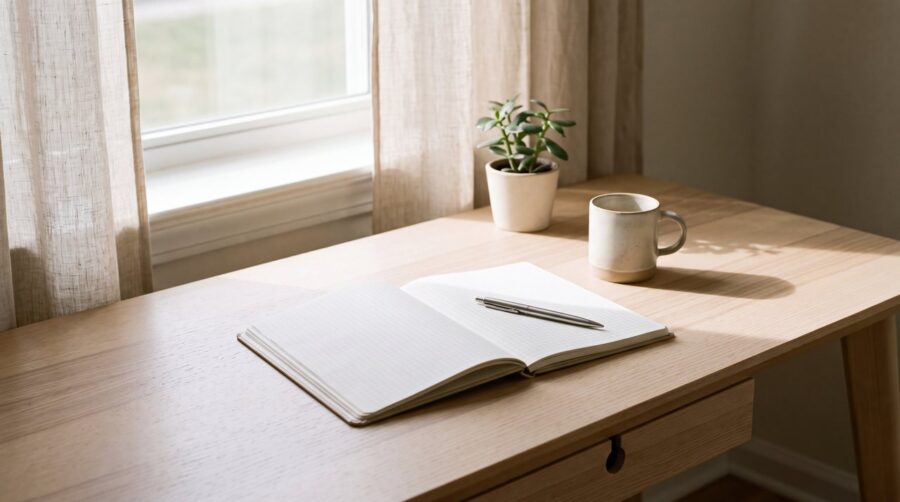 Agenda ouvert sur une page vierge, stylo et tasse sur un bureau en bois clair