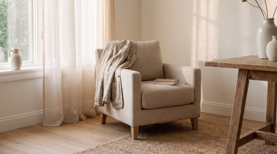 Fauteuil en lin beige pres d'une fenetre, une veste posee sur le dossier