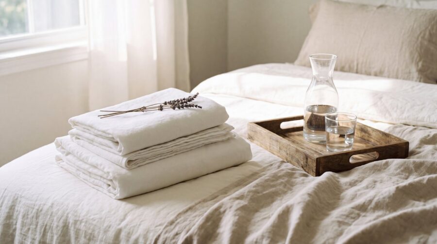 Pile de linge blanc plie sur un lit, avec un brin de lavande et un plateau